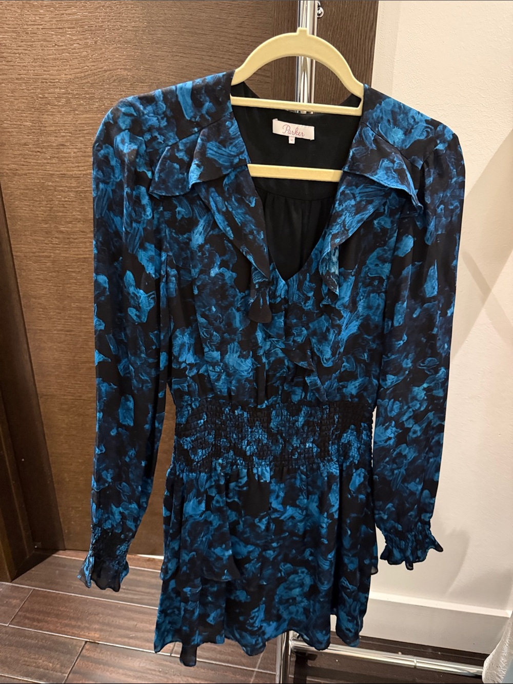 Parker Black and Blue Floral Long-Sleeve Tie-Neck Dress
